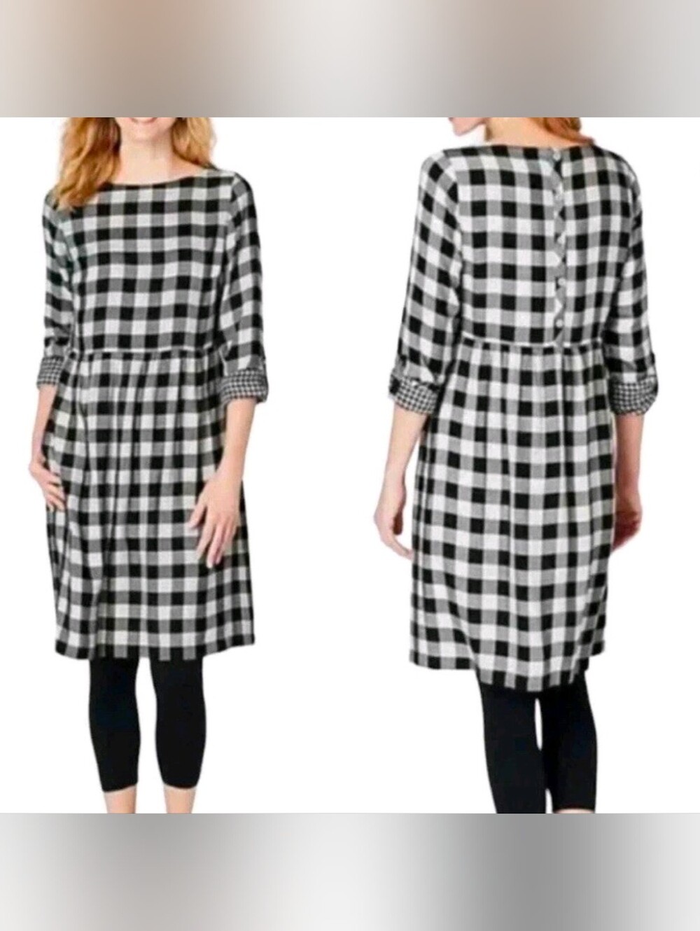 J Jill Buffalo Plaid Baby Doll Oversized Dress XL Petite Roll Tab Sleeve Black